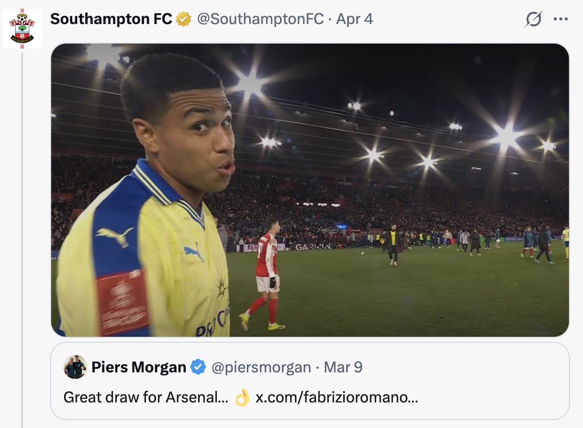 Screenshot of Piers Morgan praising the Arsenal draw before Southampton knocked them out