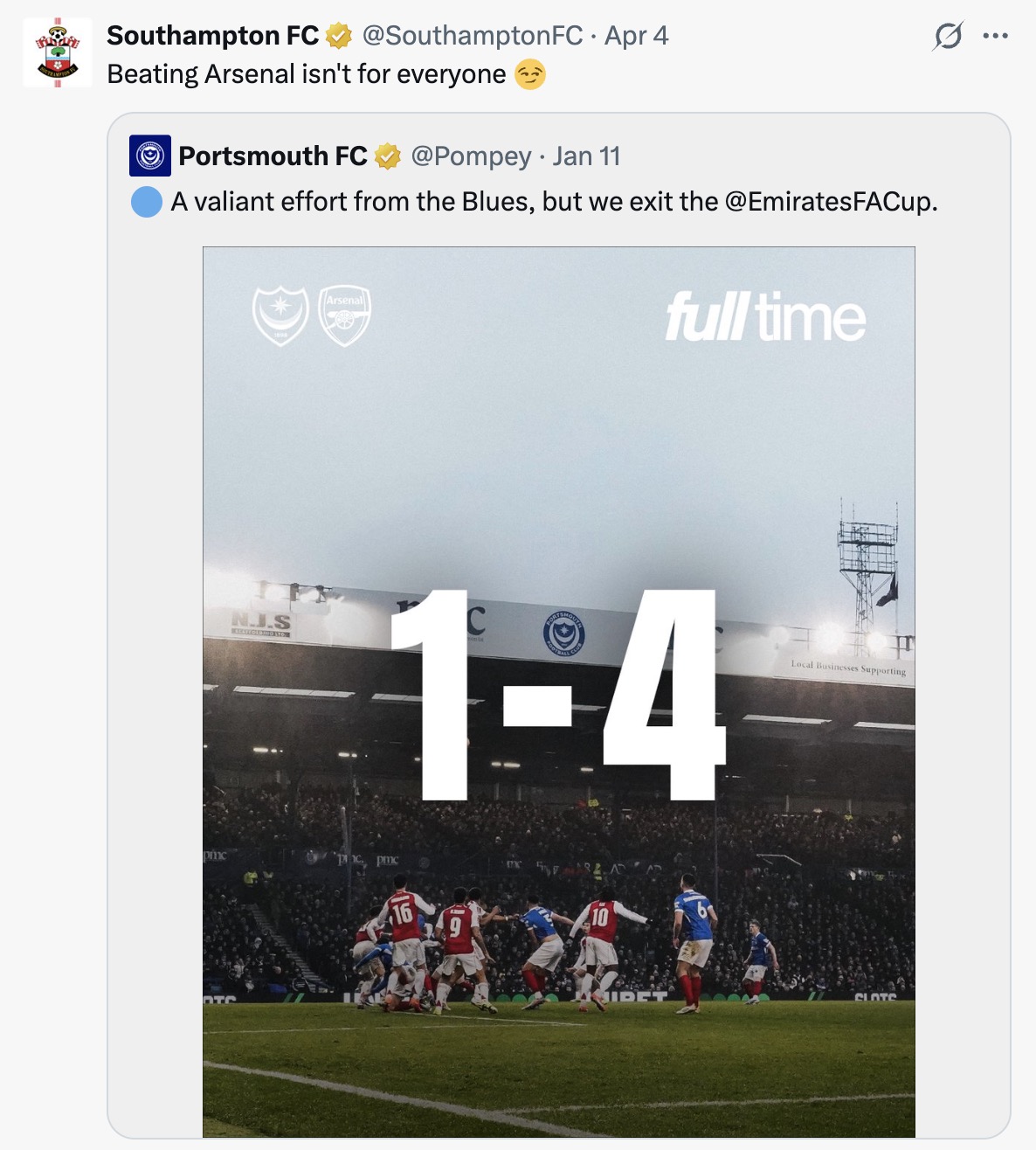 Screenshot joking that not every team can beat Arsenal after Portsmouth were knocked out 4-1